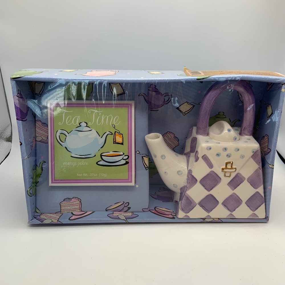 Handmade Checkered Ceramic Purse Teapot with Orange Pekoe